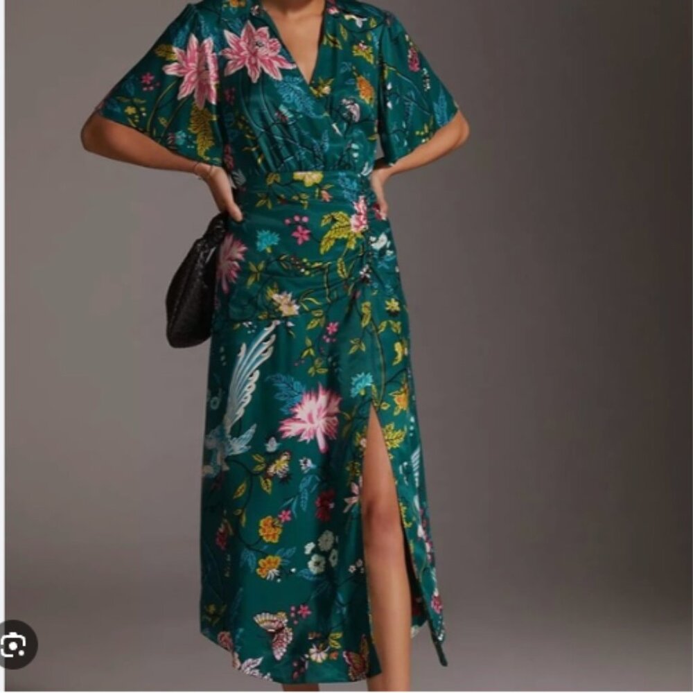 Anthropologie Teal Floral Wrap Midi Dress - Picture 2 of 10